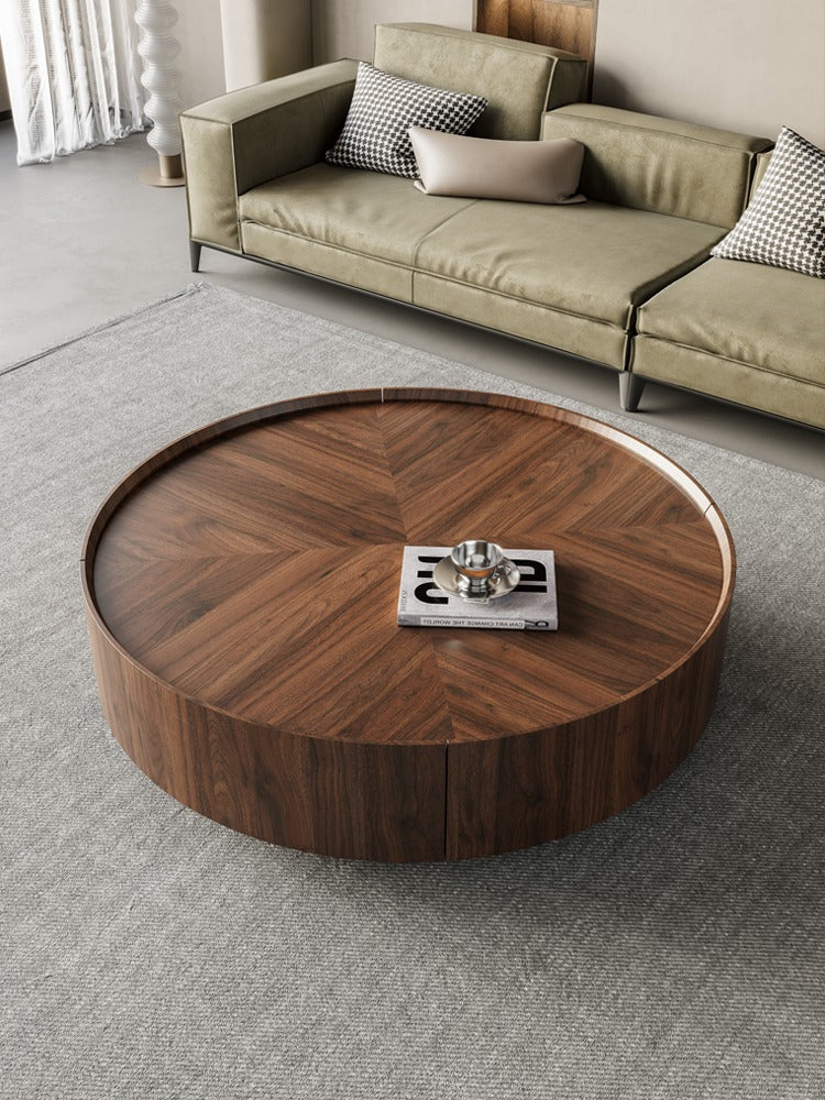 Mazonvintage-Epic Round Shape Dual-Drawers Solid Walnut Wood Coffee Table