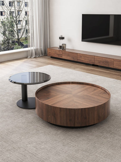 Mazonvintage-Epic Round Shape Dual-Drawers Solid Walnut Wood Coffee Table