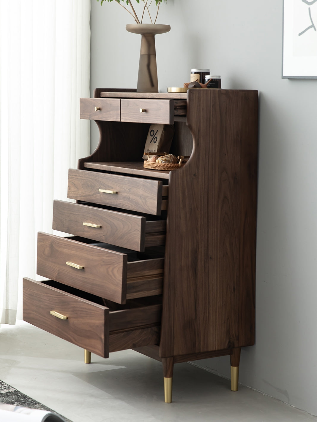 Mazonvintage-Wildflower Solid Black Walnut Wood Top Open Space Cabinet