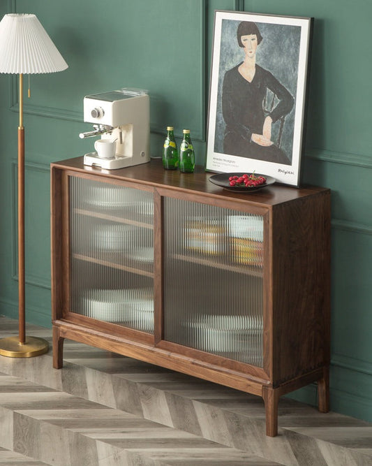 Mazonvintage-Cobalt Blur Sliding Glass Door Black Walnut Wood Kitchen Cabinet