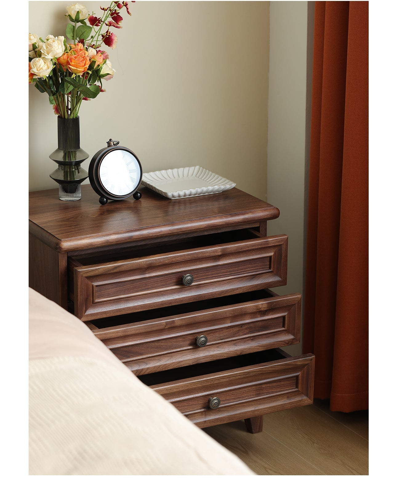 Mazonvintage-Noble Walnut Wood and Black Nightstand
