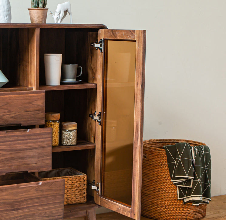 Mazonvintage-Sculpted Black Walnut Wood Kitchen Pantry Cabinet