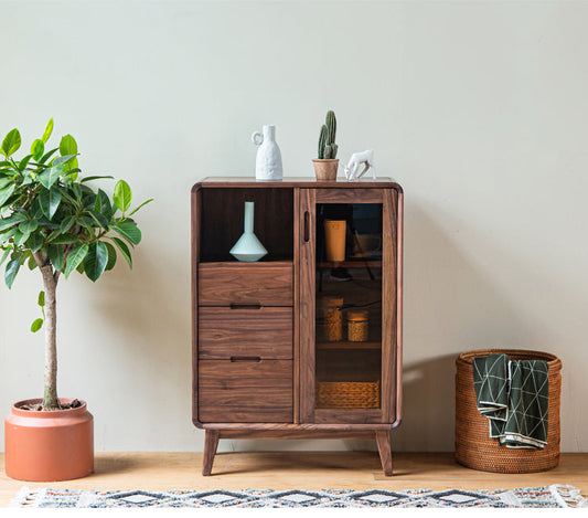 Mazonvintage-Sculpted Black Walnut Wood Kitchen Pantry Cabinet