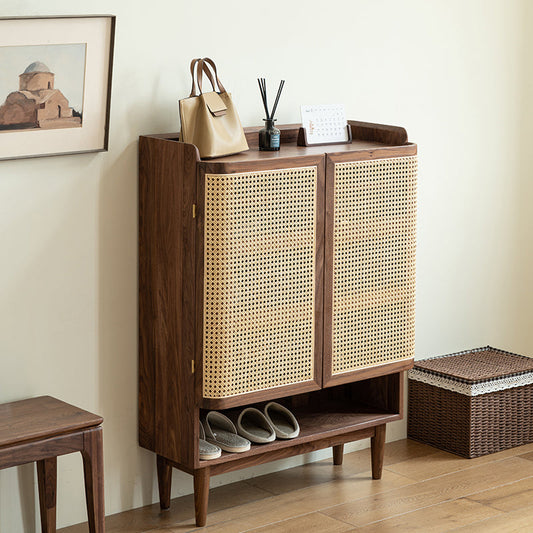Mazonvintage-Epicure Solid Walnut Wood Rattan Shoe Cabinet