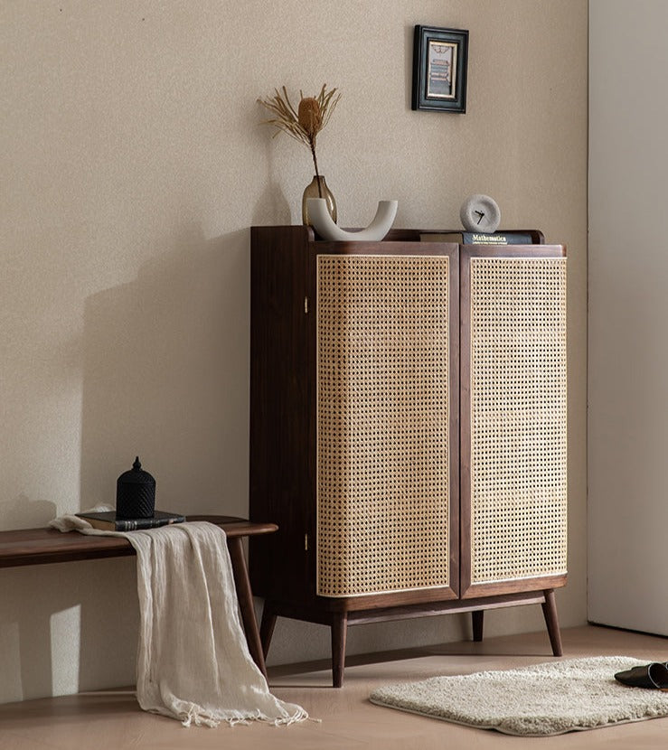 Mazonvintage-Japandi Walnut Wood Shoe Cabinet with Rattan Doors