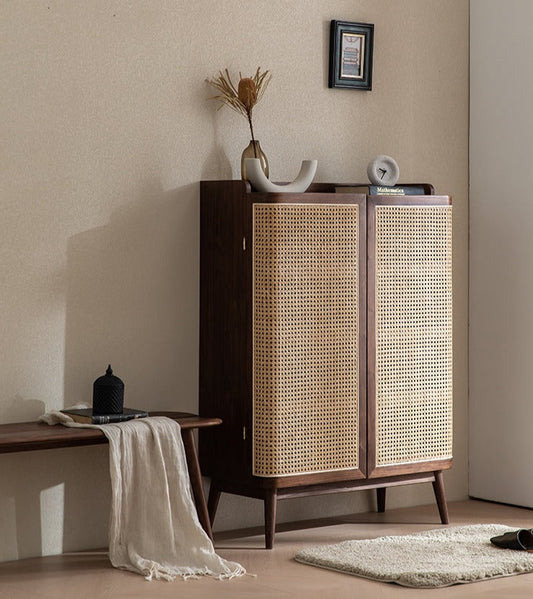 Mazonvintage-Japandi Walnut Wood Shoe Cabinet with Rattan Doors