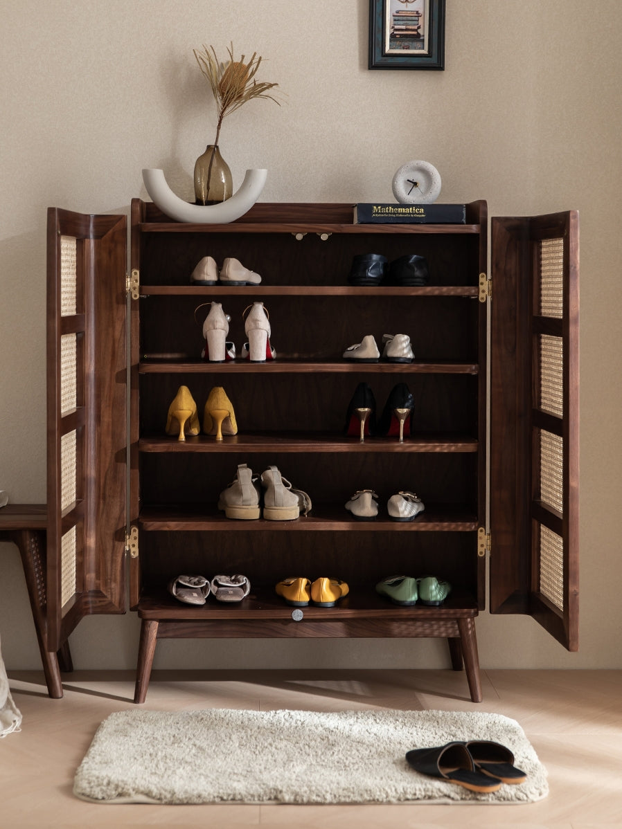 Mazonvintage-Japandi Walnut Wood Shoe Cabinet with Rattan Doors