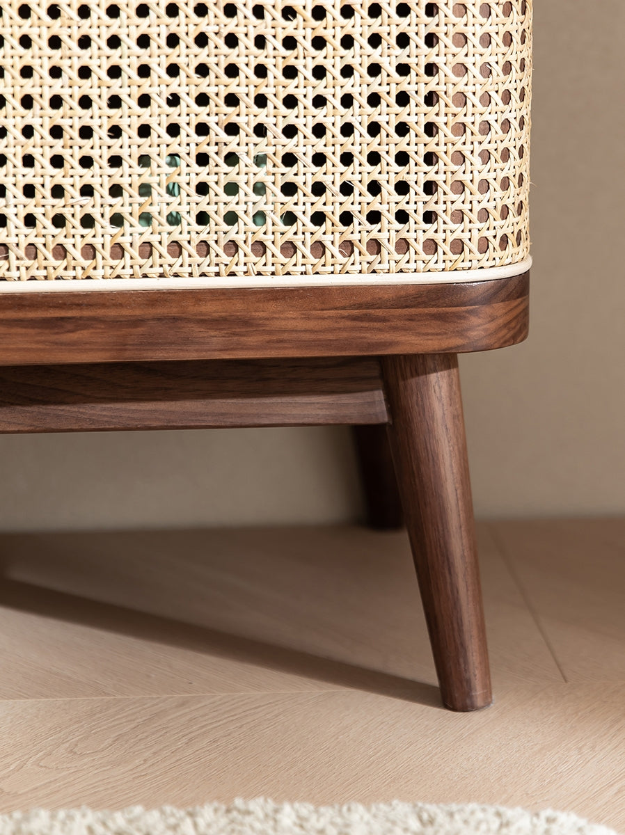 Mazonvintage-Japandi Walnut Wood Shoe Cabinet with Rattan Doors