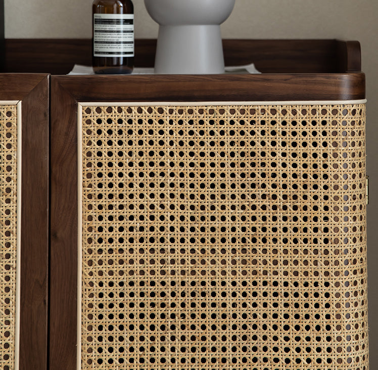 Mazonvintage-Japandi Walnut Wood Shoe Cabinet with Rattan Doors