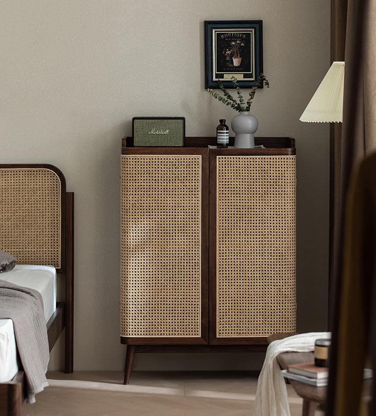 Mazonvintage-Japandi Walnut Wood Shoe Cabinet with Rattan Doors
