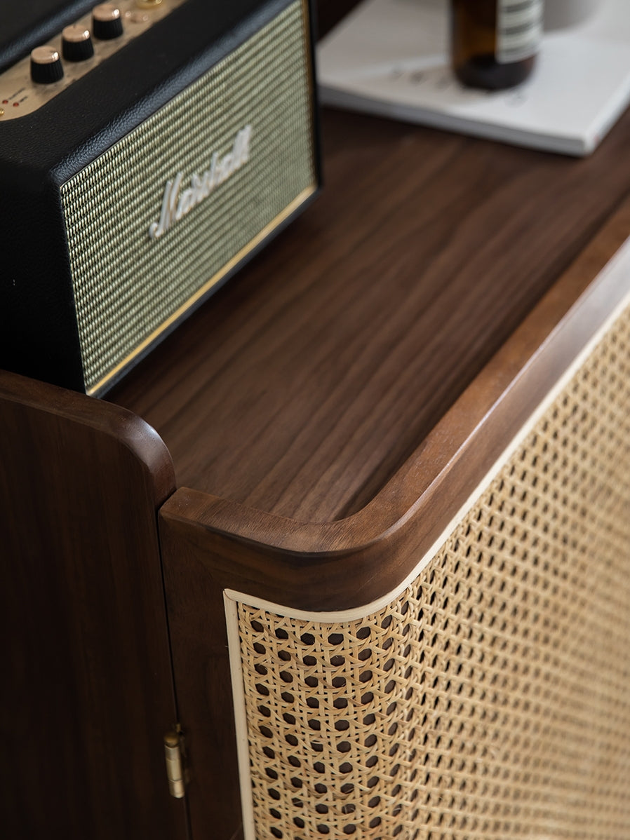 Mazonvintage-Japandi Walnut Wood Shoe Cabinet with Rattan Doors