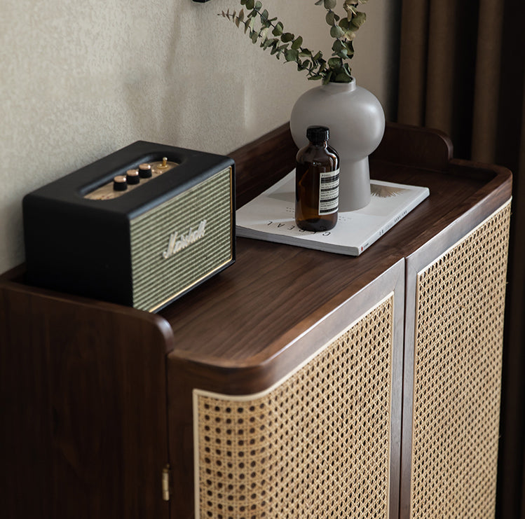 Mazonvintage-Japandi Walnut Wood Shoe Cabinet with Rattan Doors