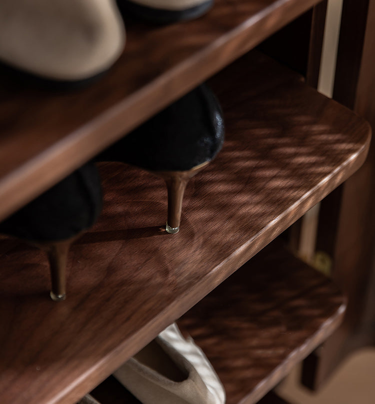 Mazonvintage-Japandi Walnut Wood Shoe Cabinet with Rattan Doors