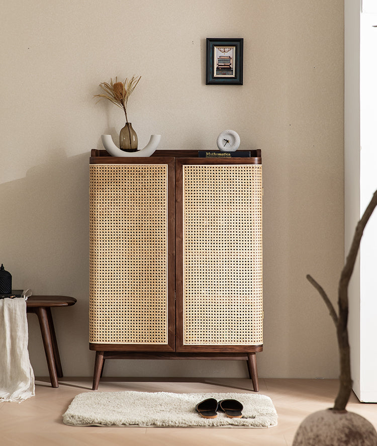 Mazonvintage-Japandi Walnut Wood Shoe Cabinet with Rattan Doors