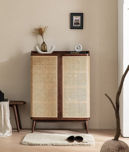 Mazonvintage-Japandi Walnut Wood Shoe Cabinet with Rattan Doors
