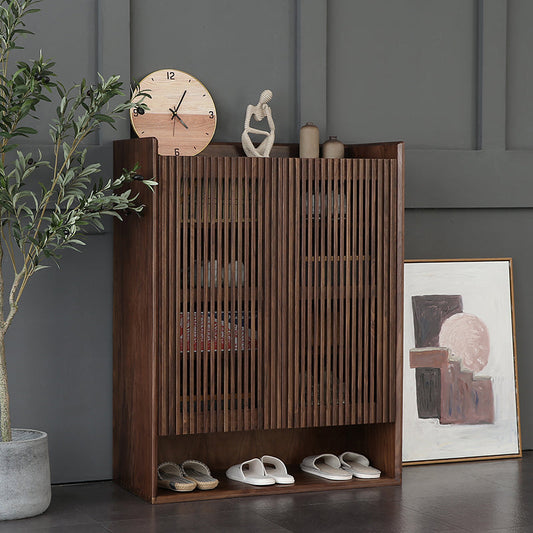Mazonvintage-Japandi Grille Doors Walnut Shoe Cabinet