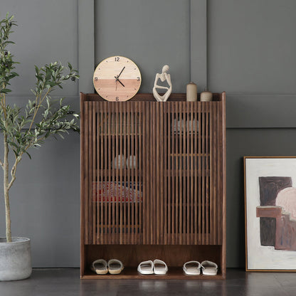 Mazonvintage-Japandi Grille Doors Walnut Shoe Cabinet