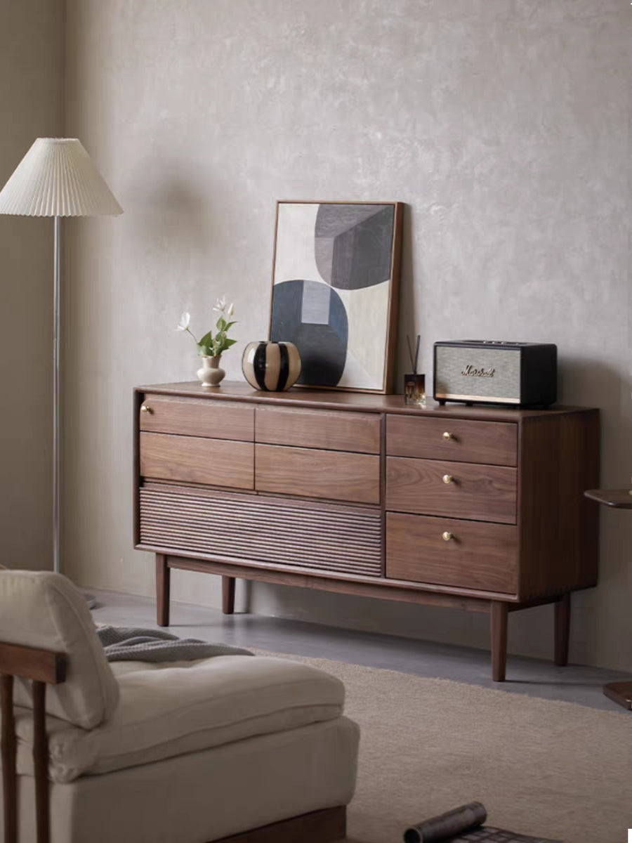 Mazonvintage-Glamour Multi-Drawers Black Walnut Wood Sideboard