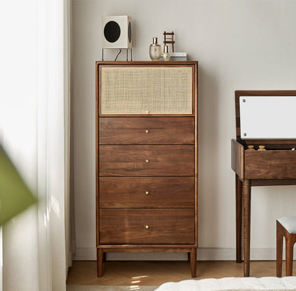 Mazonvintage-Finesse Solid Walnut Wood Tall Cabinet with Rattan Door