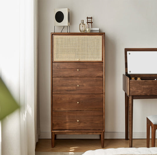 Mazonvintage-Finesse Solid Walnut Wood Tall Cabinet with Rattan Door