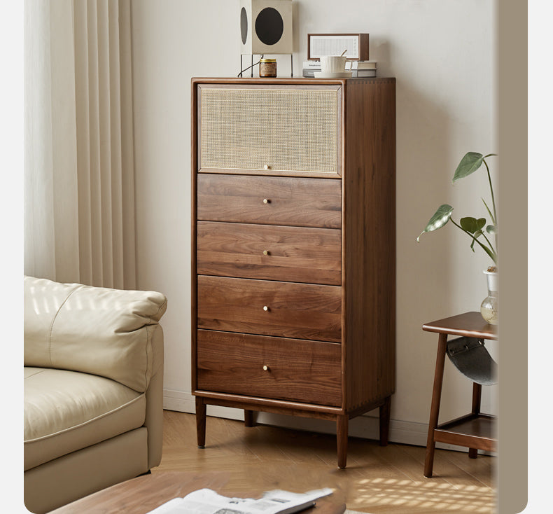 Mazonvintage-Finesse Solid Walnut Wood Tall Cabinet with Rattan Door