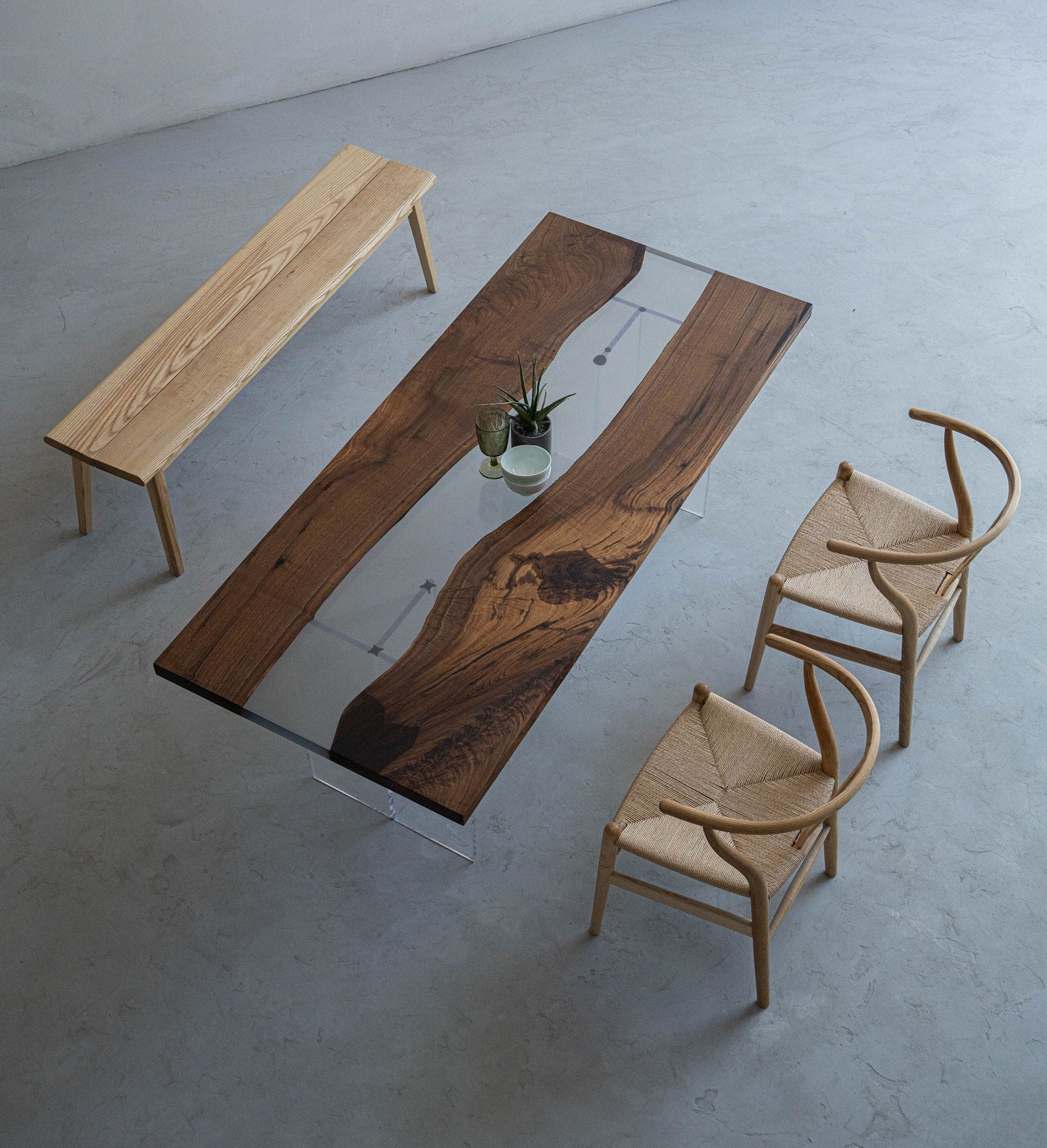 Mazonvintage-Fable Solid Black Walnut Two-Piece Wood Clear River Resin Table