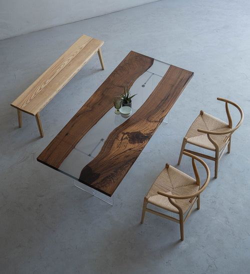 Mazonvintage-Fable Solid Black Walnut Two-Piece Wood Clear River Resin Table