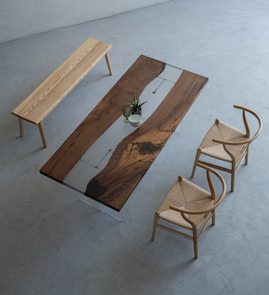 Mazonvintage-Fable Solid Black Walnut Two-Piece Wood Clear River Resin Table