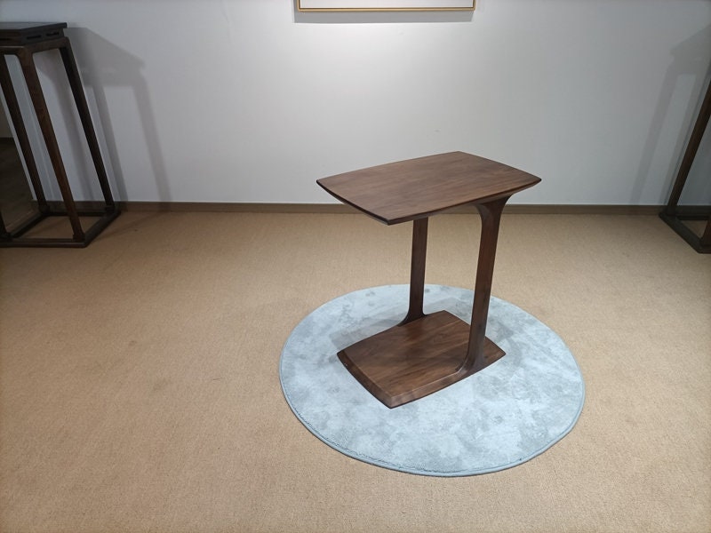 Mazonvintage-Small Modern C-Shape Laptop Side End Table in Solid Black Walnut