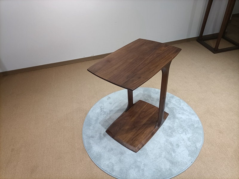Mazonvintage-Small Modern C-Shape Laptop Side End Table in Solid Black Walnut
