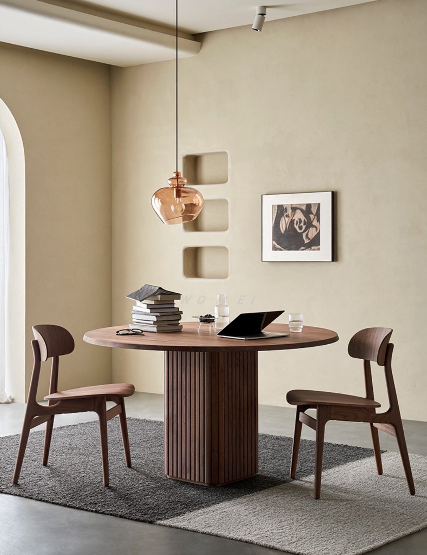 Mazonvintage-Square Fluted Pedestal Solid Walnut Wood Table
