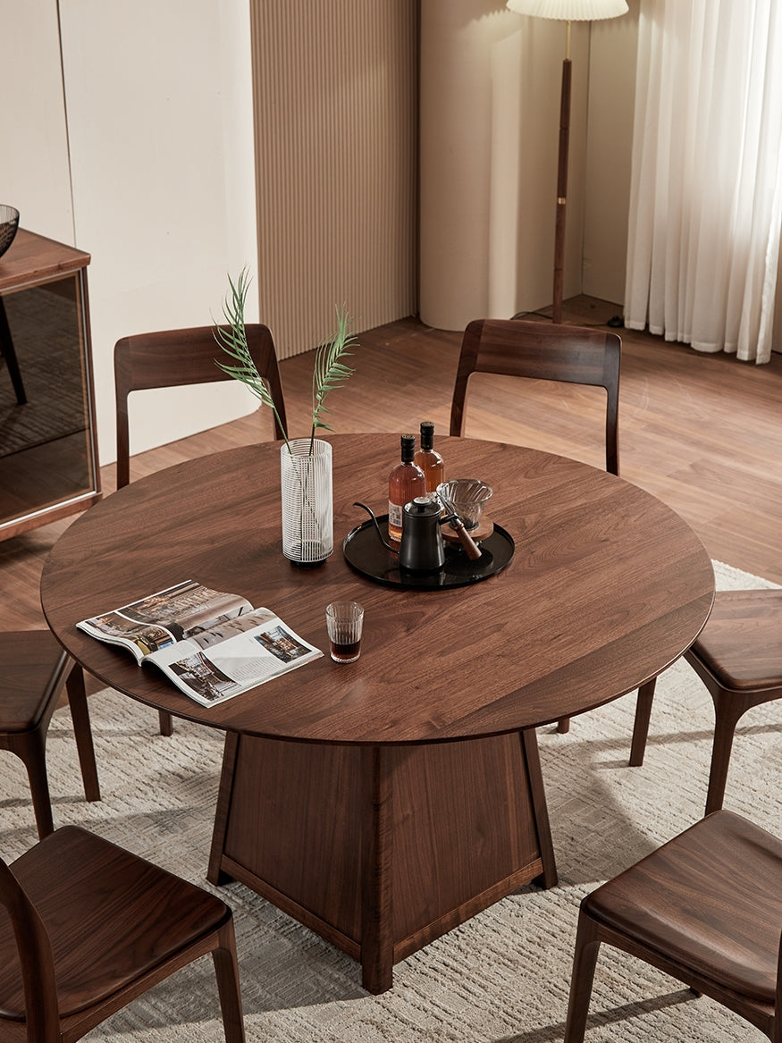 Mazonvintage-Flair Front Pedestal Round Walnut Wood Table