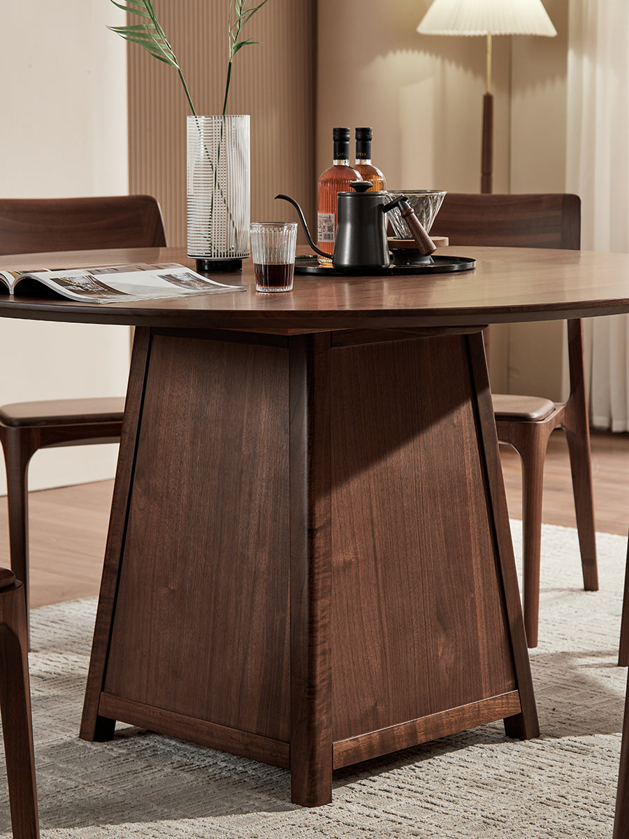 Mazonvintage-Flair Front Pedestal Round Walnut Wood Table