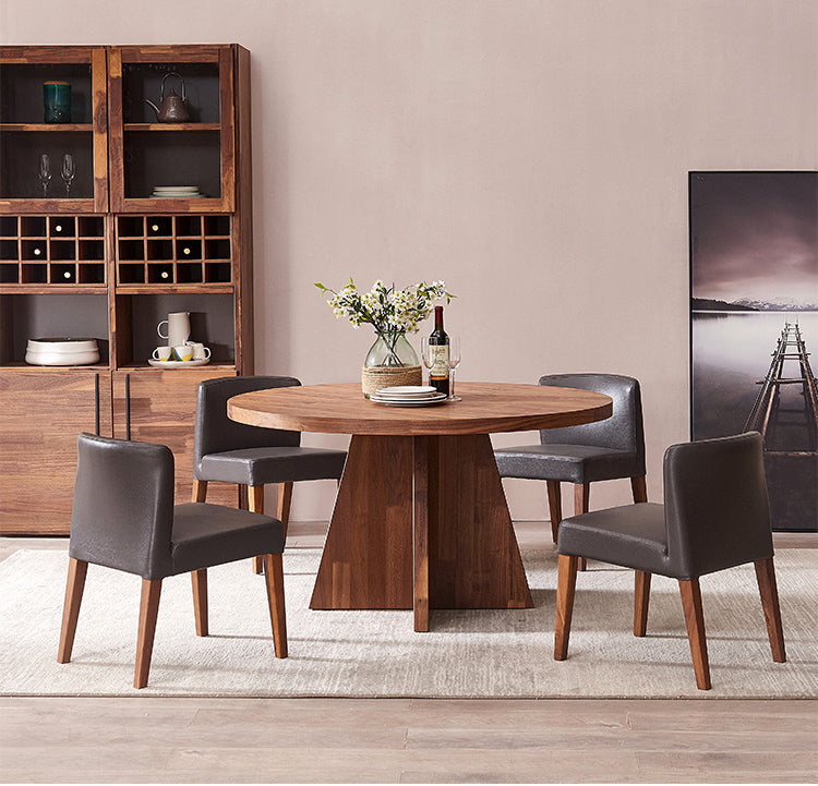 Mazonvintage-4 Triangle Pedestal Round Walnut Wood Dining Table