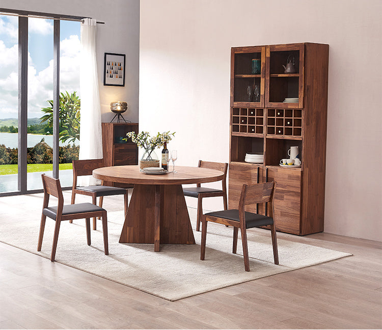 Mazonvintage-4 Triangle Pedestal Round Walnut Wood Dining Table