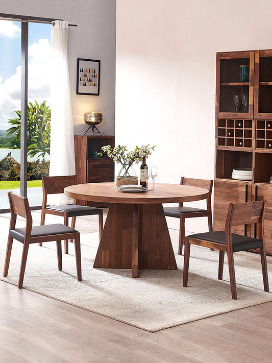 Mazonvintage-4 Triangle Pedestal Round Walnut Wood Dining Table