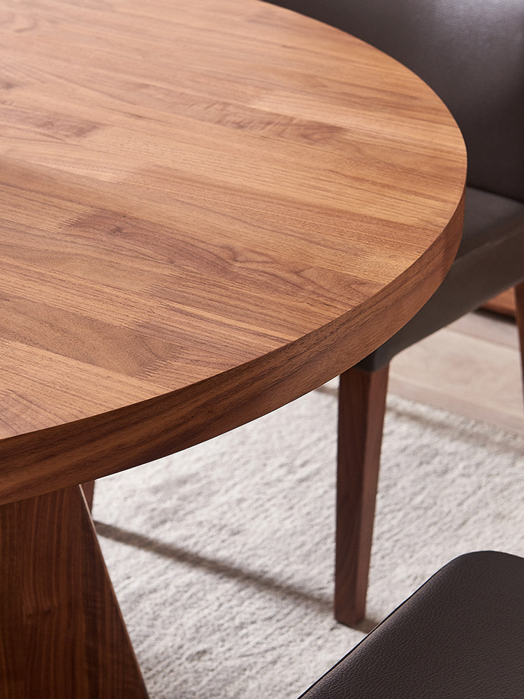 Mazonvintage-4 Triangle Pedestal Round Walnut Wood Dining Table