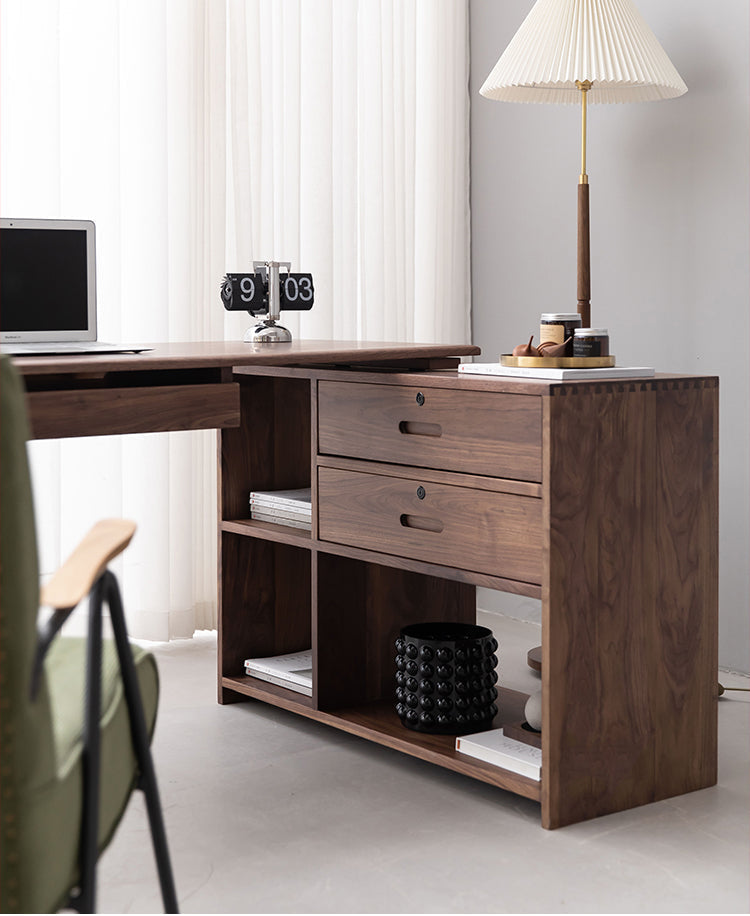 Mazonvintage-Space Optimizer L-Desk Solid Walnut Wood with Small Bookcase