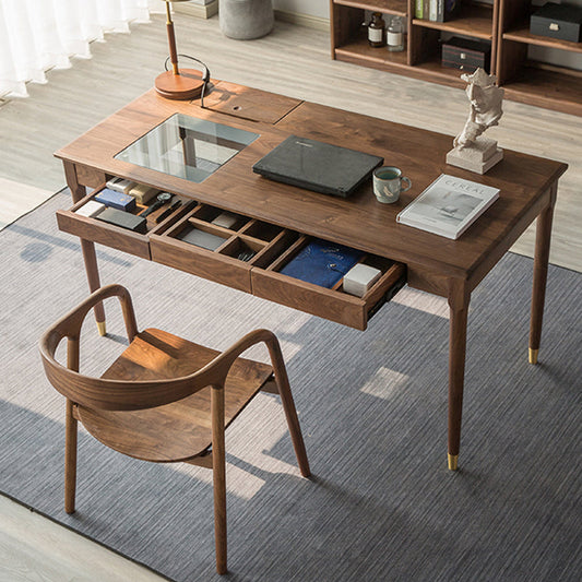 Mazonvintage-Future Walnut Wood Glass Surface Drawer Desk