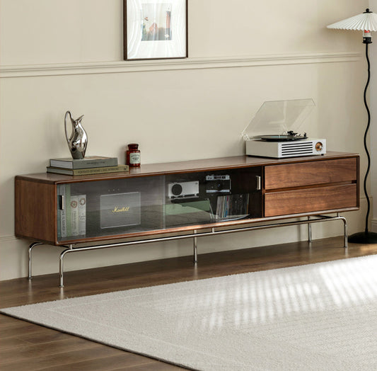 Mazonvintage-Contemporary Walnut Wood TV Stand with Silver Legs