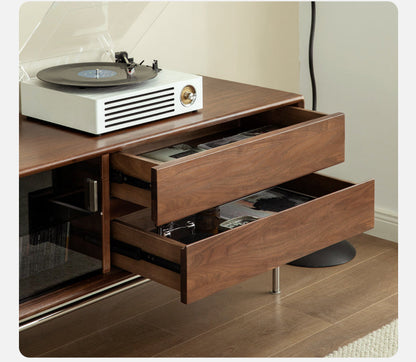 Mazonvintage-Contemporary Walnut Wood TV Stand with Silver Legs