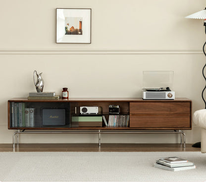 Mazonvintage-Contemporary Walnut Wood TV Stand with Silver Legs