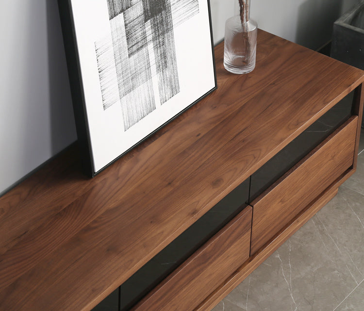 Mazonvintage-Elegant Glass Top with Drawers Walnut Wood TV Stand