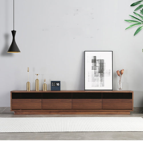 Mazonvintage-Elegant Glass Top with Drawers Walnut Wood TV Stand