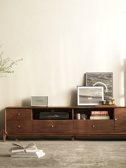 Mazonvintage-Venture Round Edge Walnut Wood TV Stand with T-Leg