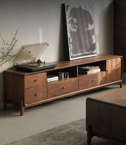 Mazonvintage-Venture Round Edge Walnut Wood TV Stand with T-Leg