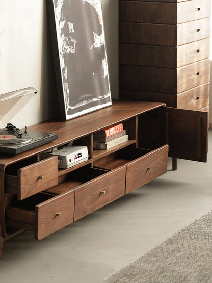 Mazonvintage-Venture Round Edge Walnut Wood TV Stand with T-Leg