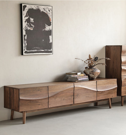Mazonvintage-Align Wave Design Solid Black Walnut Wood TV Stand