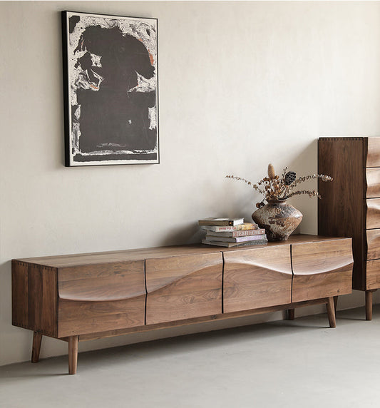 Mazonvintage-Align Wave Design Solid Black Walnut Wood TV Stand
