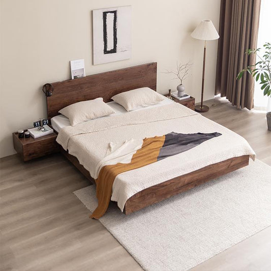 Mazonvintage-Modern Walnut Wood Platform Bed with Storage